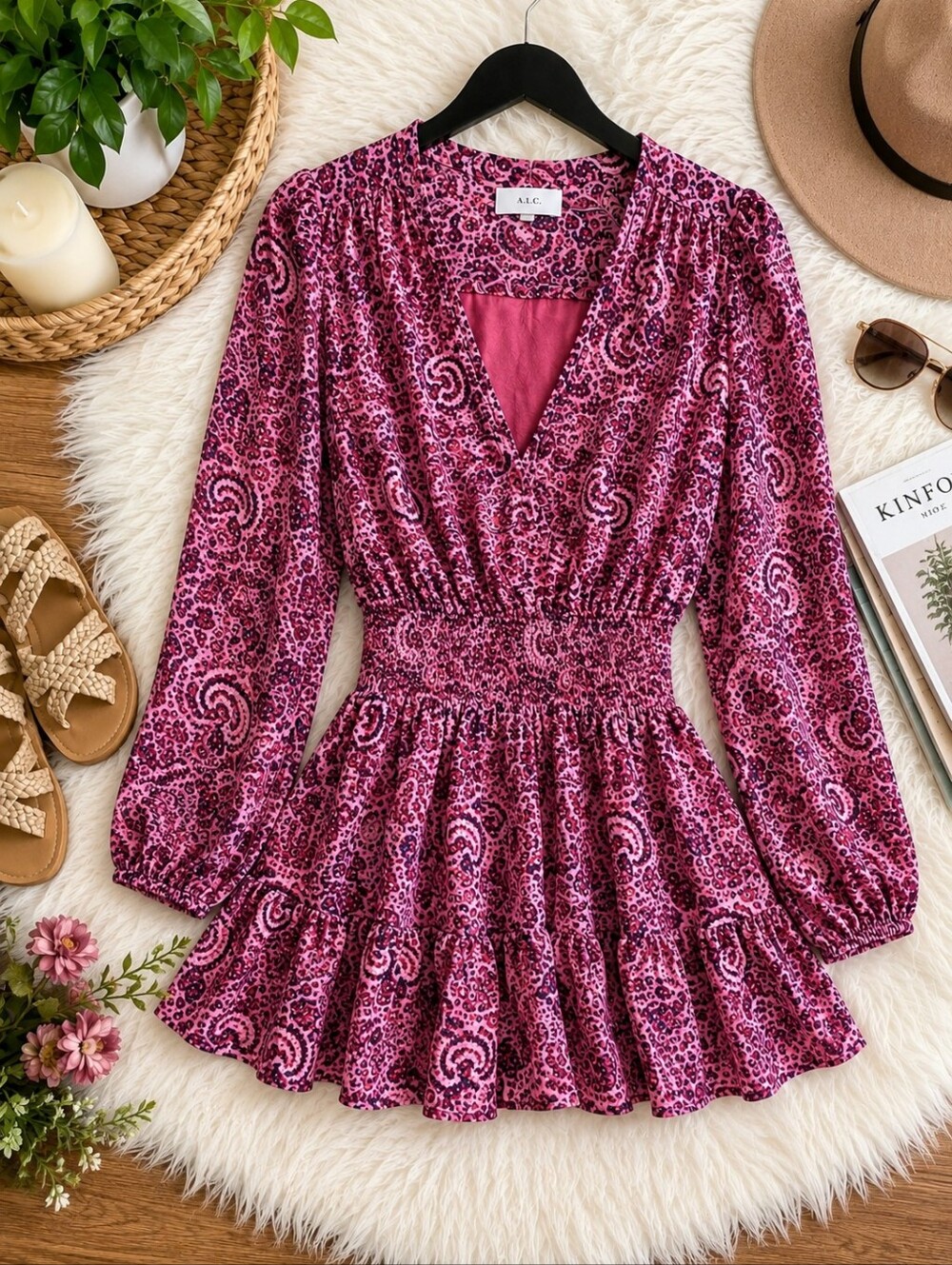 A.L.C. Pink Paisley Smocked Waist Mini Dress Boho Long Sleeve Festival